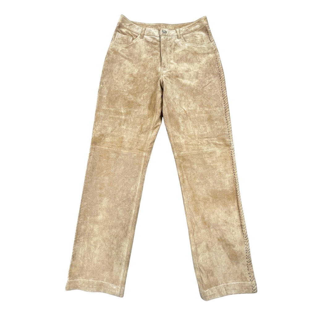 Chicos Suede Leather Womens 1 Pants Whipstitch Side Tan Vtg Boho Y2K (US 8/10)